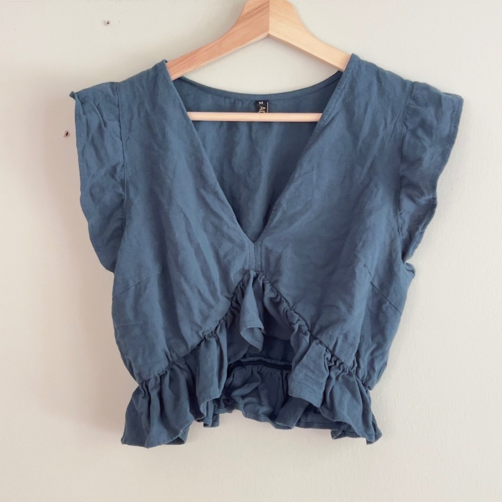 Madewell Crop Top Womens Medium V-Neck Ruffle Hem Flutter Sleeve Blue Boho Chic - Picture 4 of 6